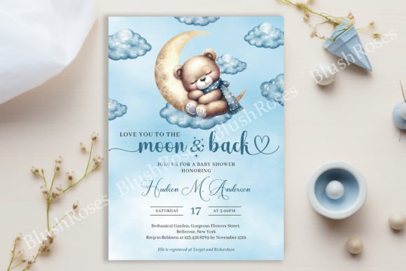 Download Teddy Bear Sleeping over the Moon Invite - Teddy bear sleeping Collection